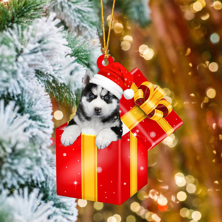 Husky. In Red Gift Box Christmas Ornament