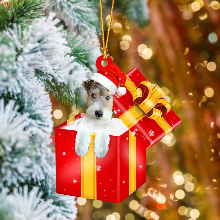 Wire Fox Terrier In Red Gift Box Christmas Ornament