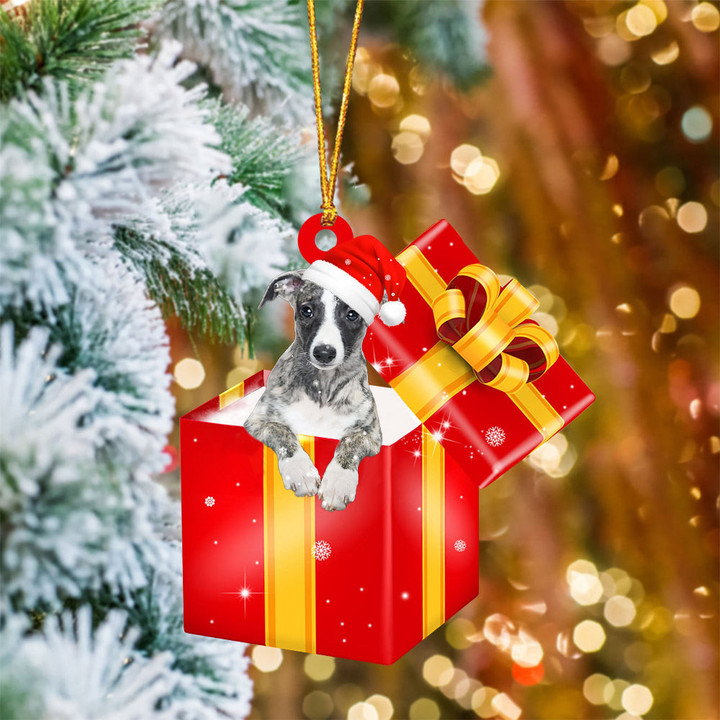 Whippet In Red Gift Box Christmas Ornament