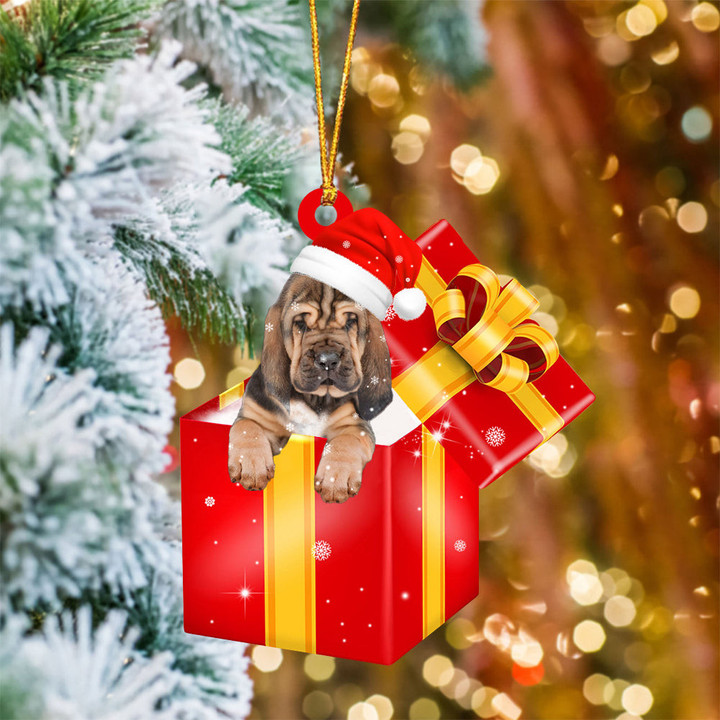Bloodhound In Red Gift Box Christmas Ornament