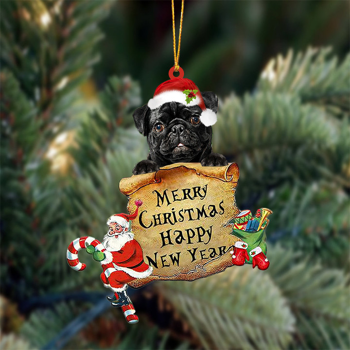 BLACK Pug Merry Christmas&Happy New Year Hanging Ornament