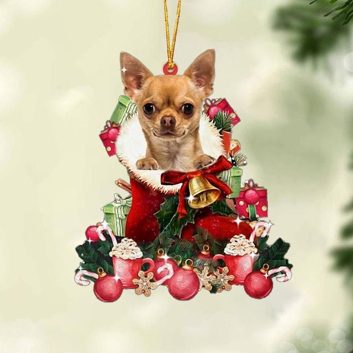 TAN Chihuahua 1-Red Boot Hanging Ornament