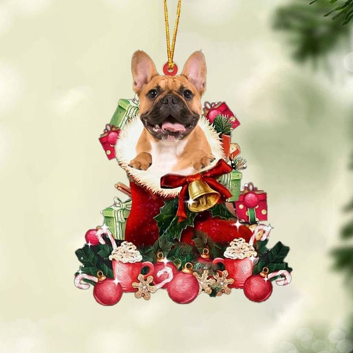 brown French Bulldog-Red Boot Hanging Ornament