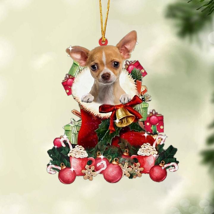 TAN Chihuahua 2-Red Boot Hanging Ornament
