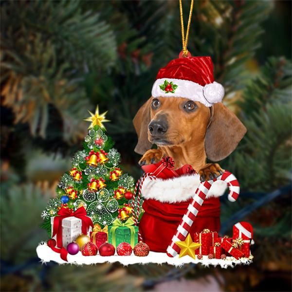 RED Dachshund Snow Bag Dog Christmas Ornament