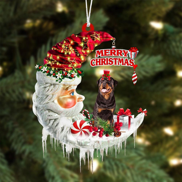 Rottweiler On The Moon Merry Christmas Hanging Ornament
