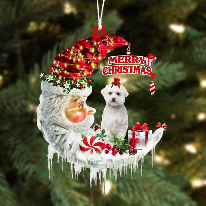 Maltese On The Moon Merry Christmas Hanging Ornament
