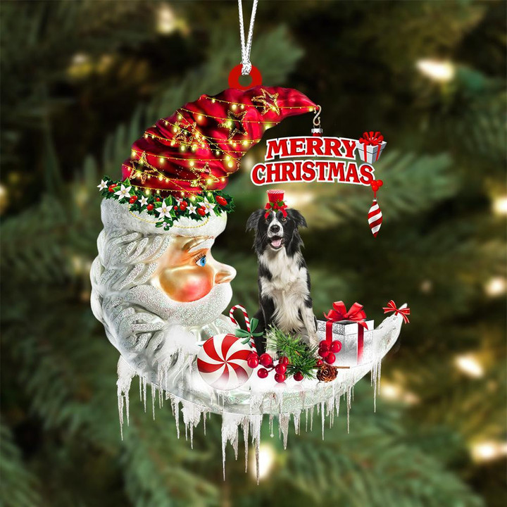 Border Collie On The Moon Merry Christmas Hanging Ornament
