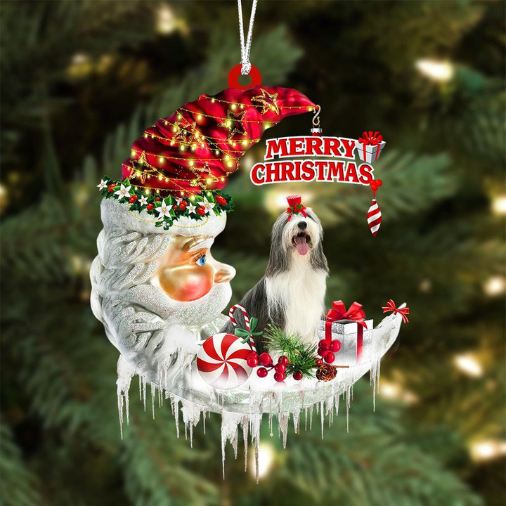 Bearded Collie On The Moon Merry Christmas Hanging Ornament