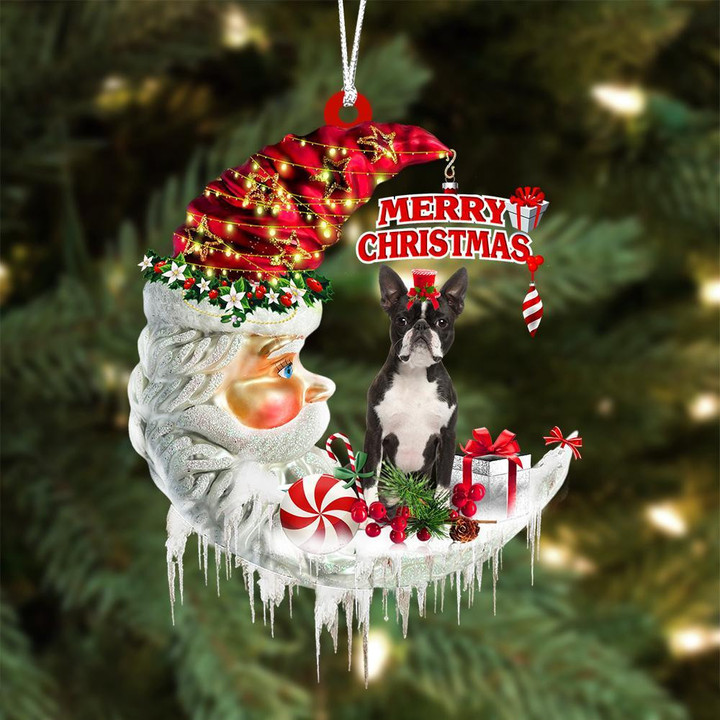 Boston Terrier On The Moon Merry Christmas Hanging Ornament
