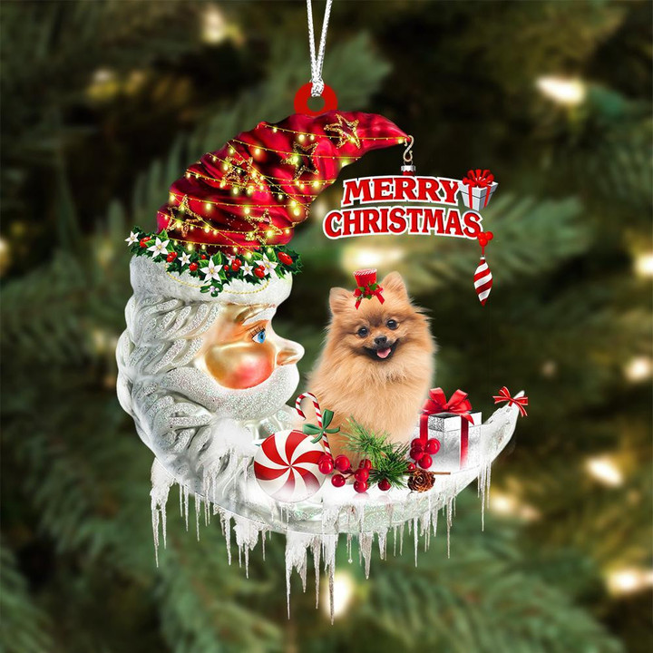 Pomeranian On The Moon Merry Christmas Hanging Ornament