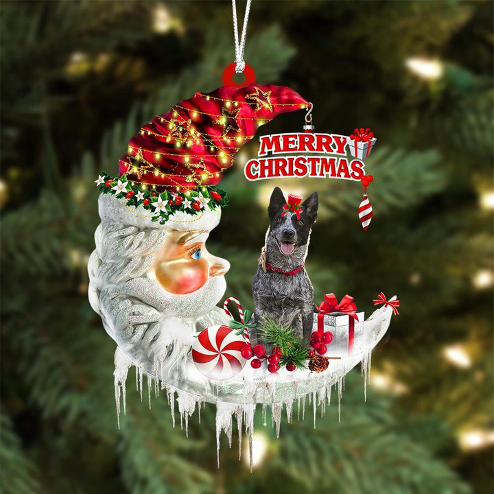 Blue Heeler On The Moon Merry Christmas Hanging Ornament
