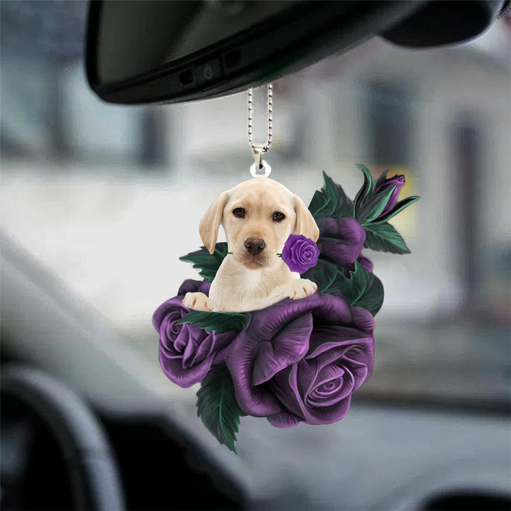 Yellow Labrador In Purple Rose Car Hanging Ornament
