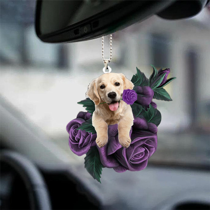 Golden Retriever 2 In Purple Rose Car Hanging Ornament
