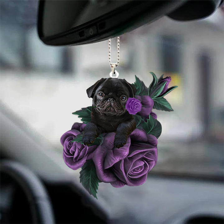 Pug 2 In Purple Rose Car Hanging Ornament