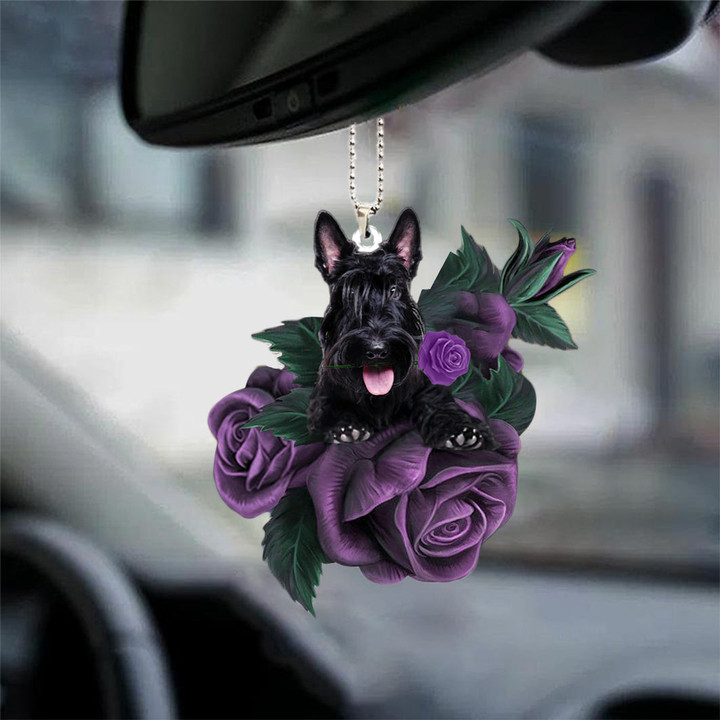 Scottish Terrier In Purple Rose Car Hanging Ornament