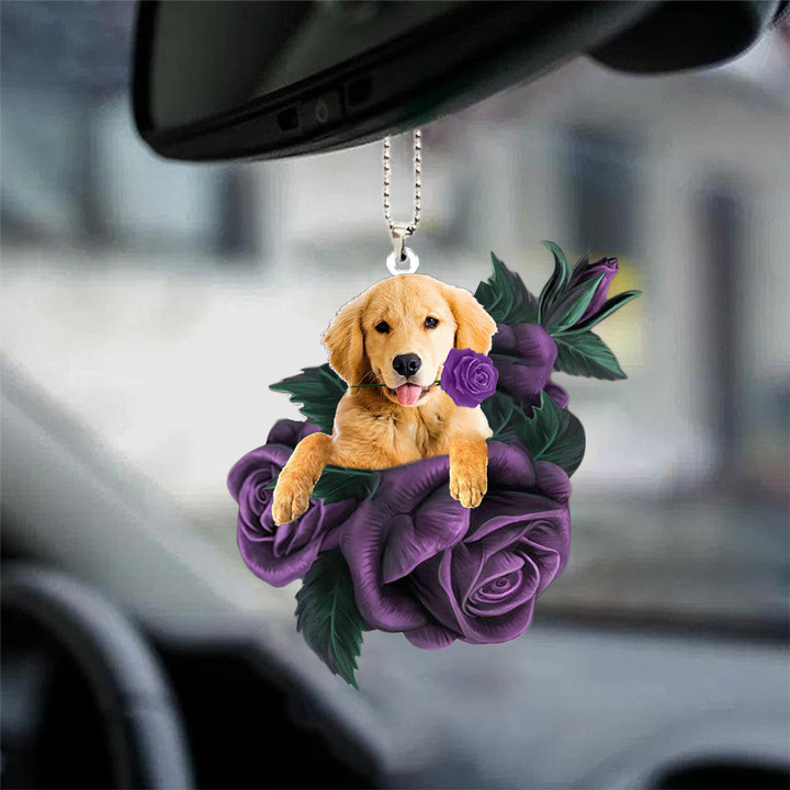 Golden Retriever 03In Purple Rose Car Hanging Ornament