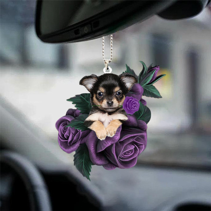 Chihuahua 3 In Purple Rose Car Hanging Ornament