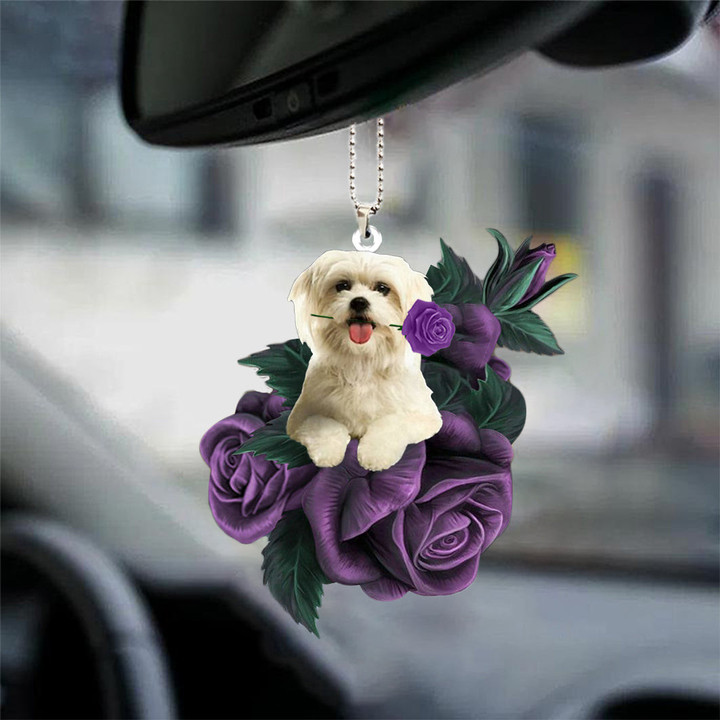 Maltese In Purple Rose Car Hanging Ornament