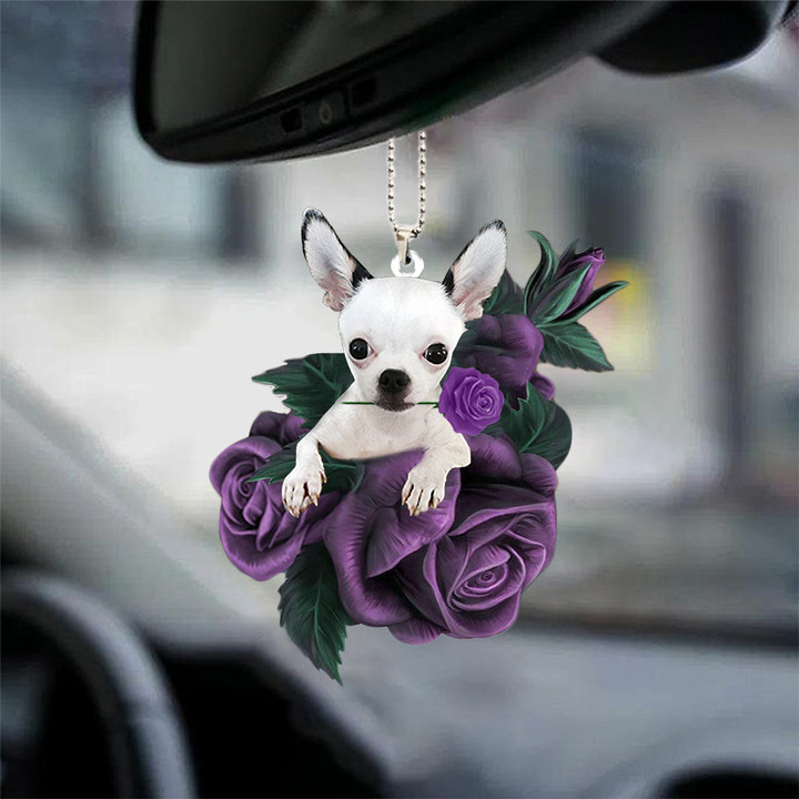 Chihuahua 2 In Purple Rose Car Hanging Ornament