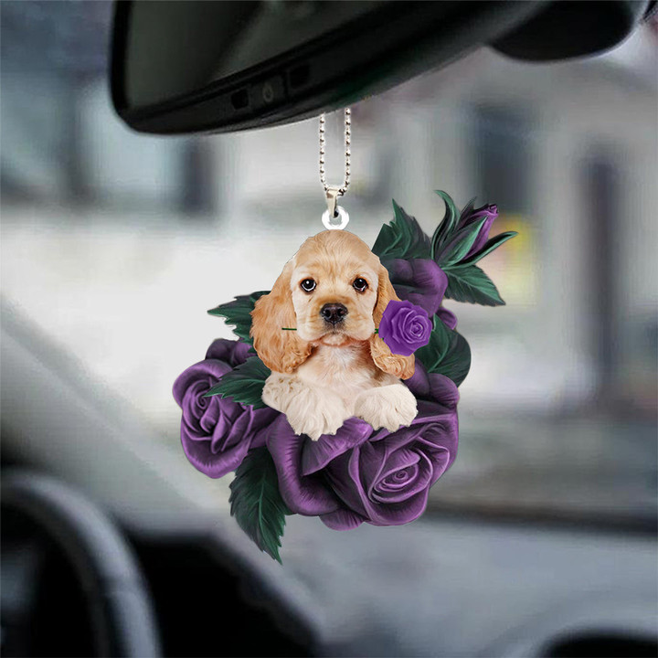 Cocker Spaniel In Purple Rose Car Hanging Ornament