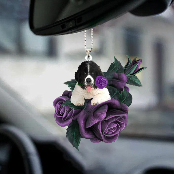 Newfoundland In Purple Rose Car Hanging Ornament