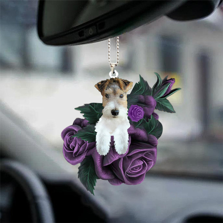 Wire Fox Terrier In Purple Rose Car Hanging Ornament