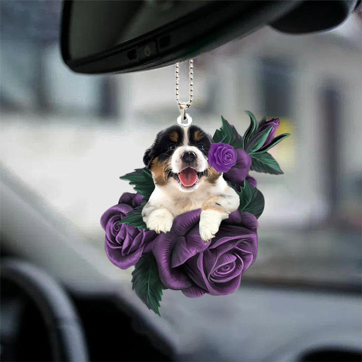 Australian Shepherd_In Purple Rose Car Hanging Ornament