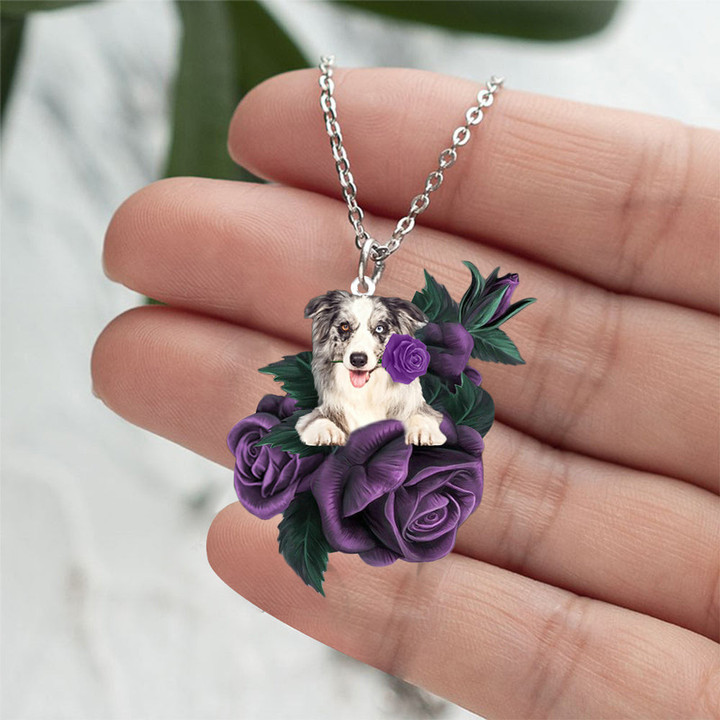 Border Collie In Purple Rose Stainless Steel Necklace