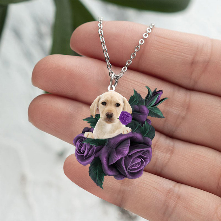 Yellow Labrador In Purple Rose Stainless Steel Necklace