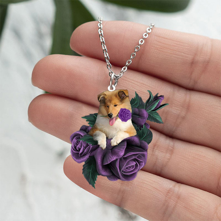 Rough Collie In Purple Rose Stainless Steel Necklace
