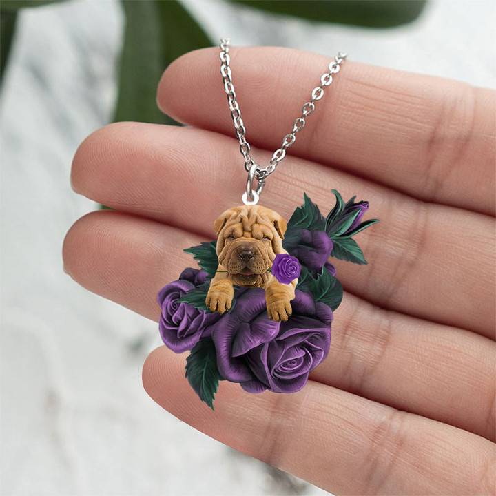 Shar Pei  In Purple Rose Stainless Steel Necklace