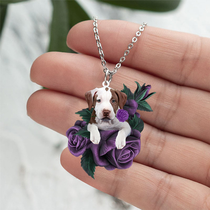 Pit Bull In Purple Rose Stainless Steel Necklace