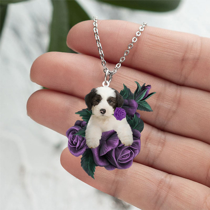 Old English Sheepdog In Purple Rose Stainless Steel Necklace