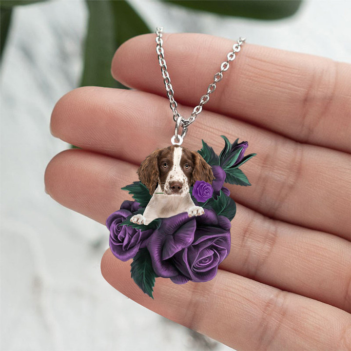 English Springer Spaniel  In Purple Rose Stainless Steel Necklace