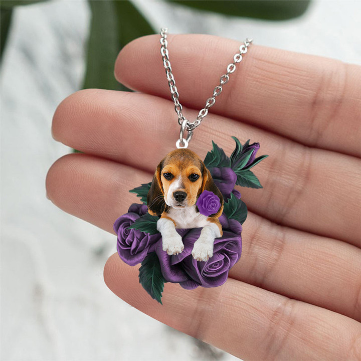 Beagle In Purple Rose Stainless Steel Necklace