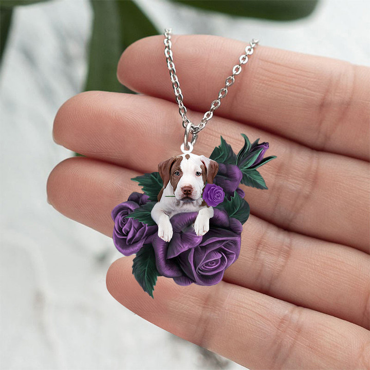 Pitbull2 In Purple Rose Stainless Steel Necklace