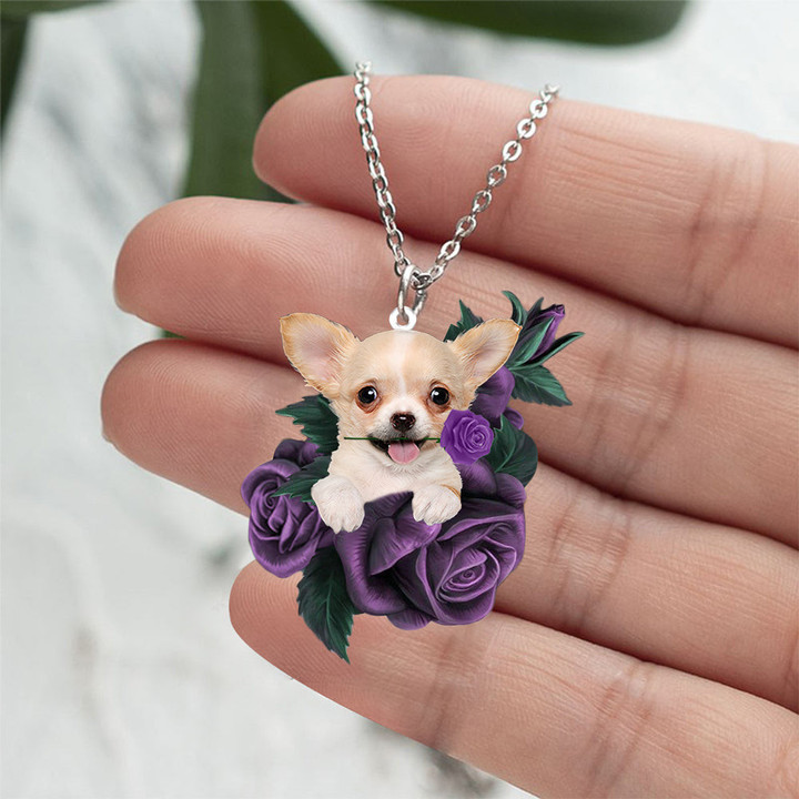 Chihuahua In Purple Rose Stainless Steel Necklace