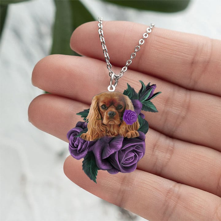 Cavalier King Charles Spaniel In Purple Rose Stainless Steel Necklace