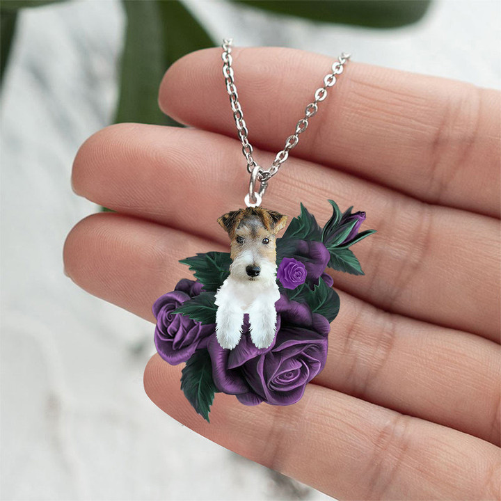 Wire Fox Terrier In Purple Rose Stainless Steel Necklace