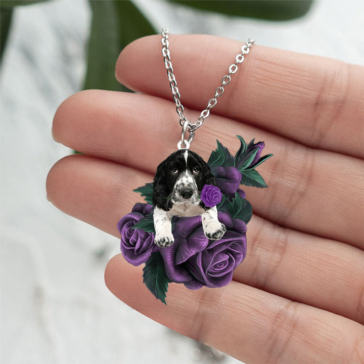 English Springer Spaniel003 In Purple Rose Stainless Steel Necklace