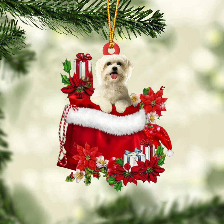 Maltese In Gift Bag Christmas Ornament