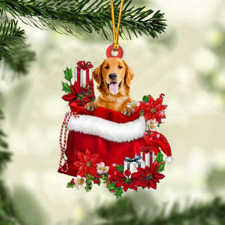 Golden Retriever In Gift Bag Christmas Ornament