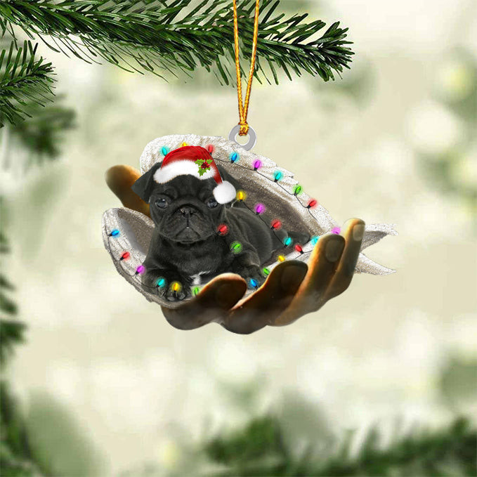 PUG (Black) Sleeping Angel In God Hand Christmas Ornament