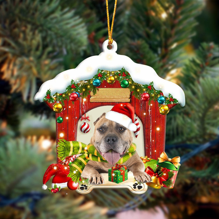 Staffordshire Bull Terrier In Red Wood House Christmas Ornament