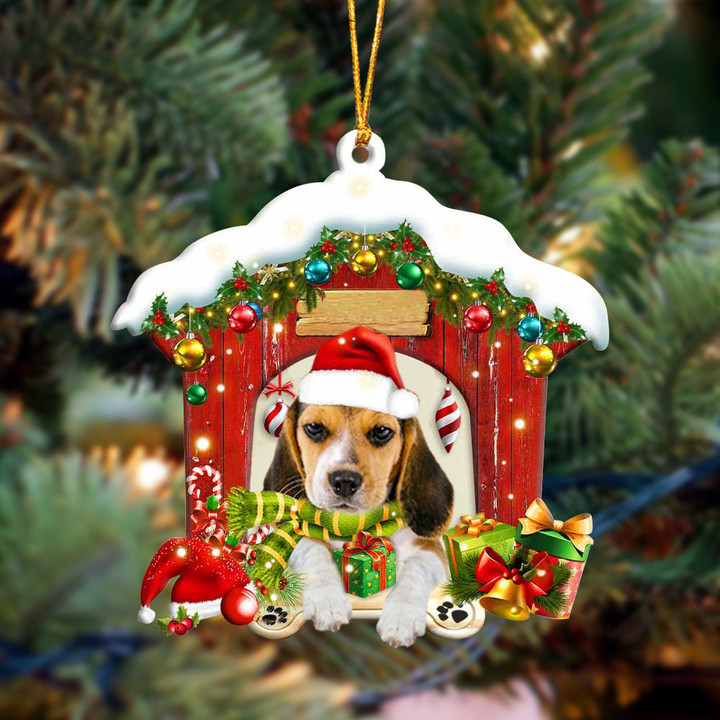 Beagle In Red Wood House Christmas Ornament