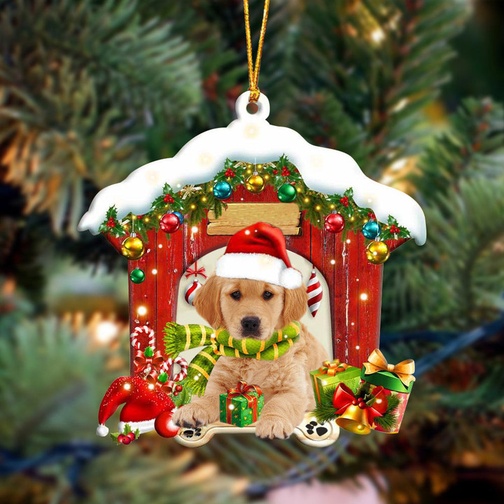 Golden Retriever In Red Wood House Christmas Ornament