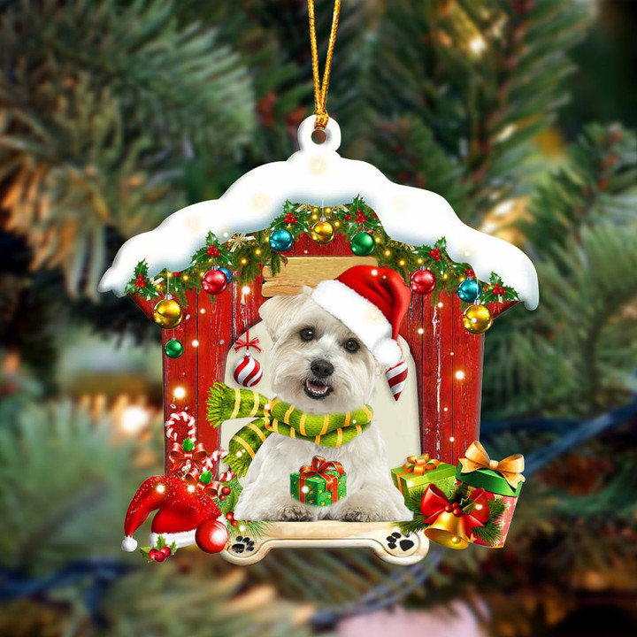 maltese In Red Wood House Christmas Ornament