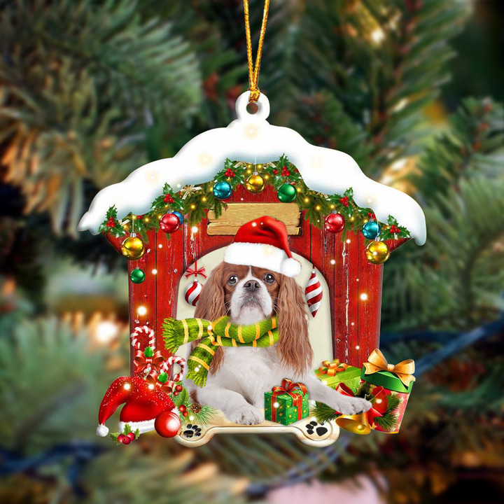 Cavalier King Charles Spaniel In Red Wood House Christmas Ornament