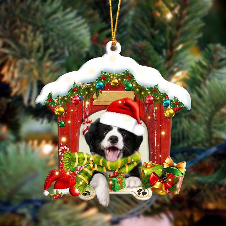 Border Collie 2 In Red Wood House Christmas Ornament